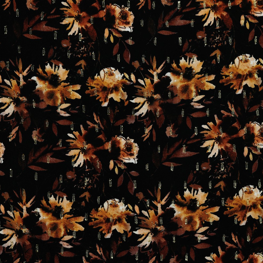 Bekleidungsstoff Viskose GLITZER Blüten auf Schwarz Digital