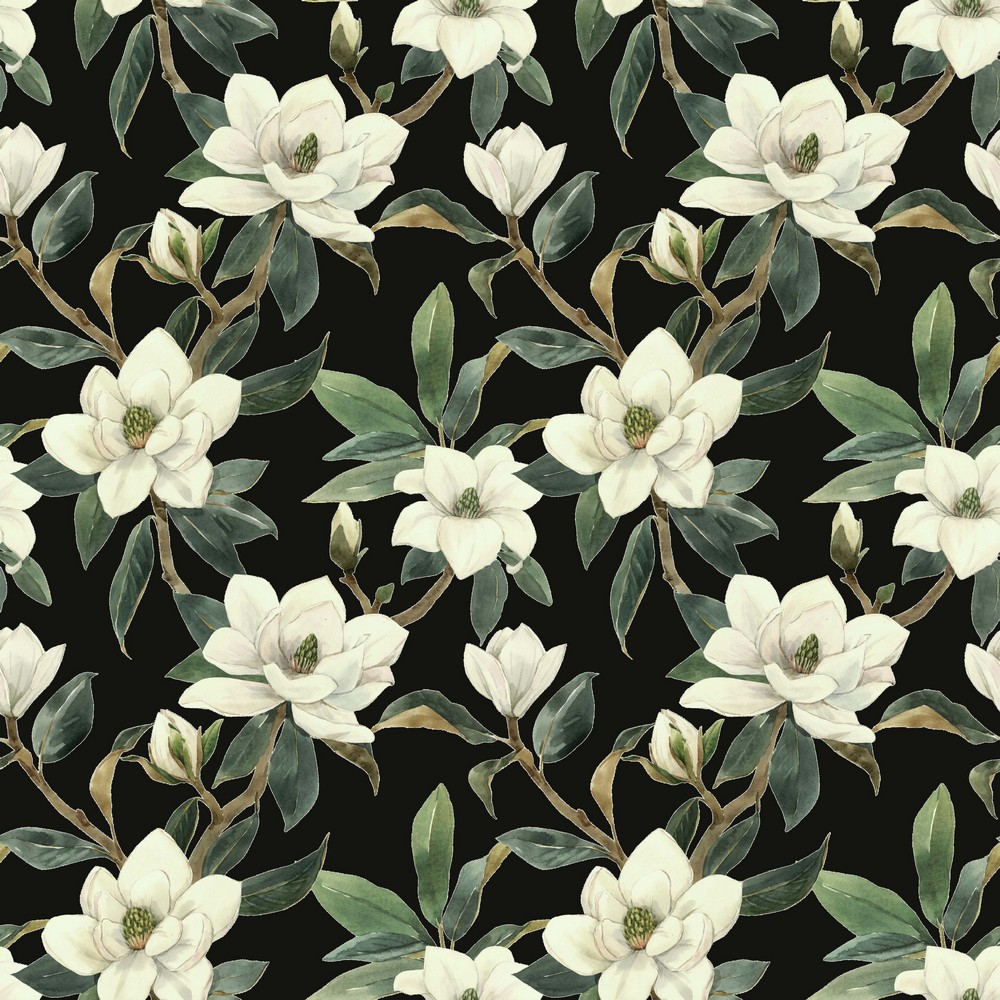 Baumwolle Canvas Weiße Blüten auf Schwarz Digital