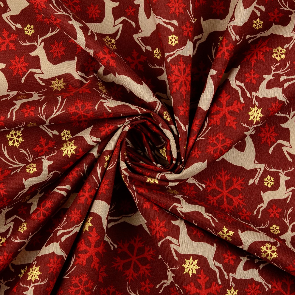 Baumwolle Golddruck Christmas Springende Hirschen & Schneeflocken auf Dunkelrot