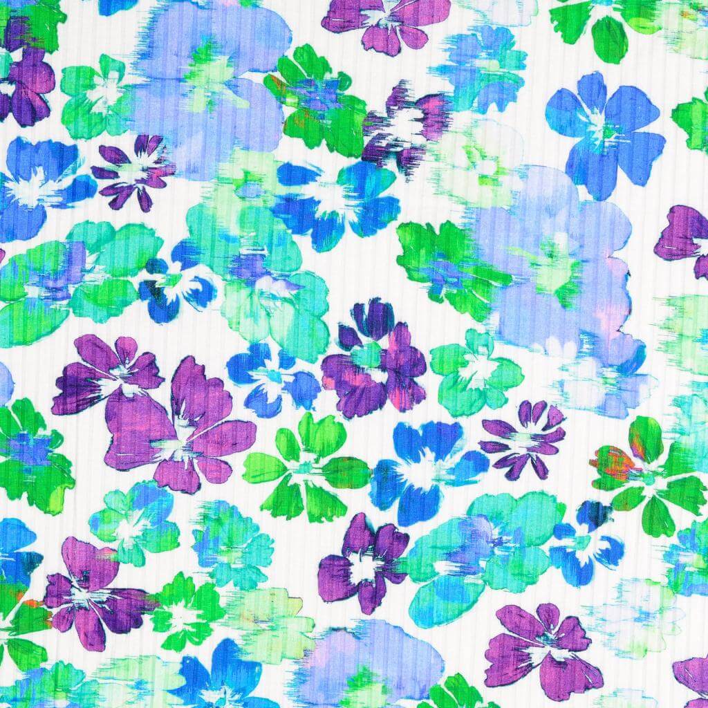 Baumwolle Rippjersey Digitaldruck - Blumen Blau auf Weiß