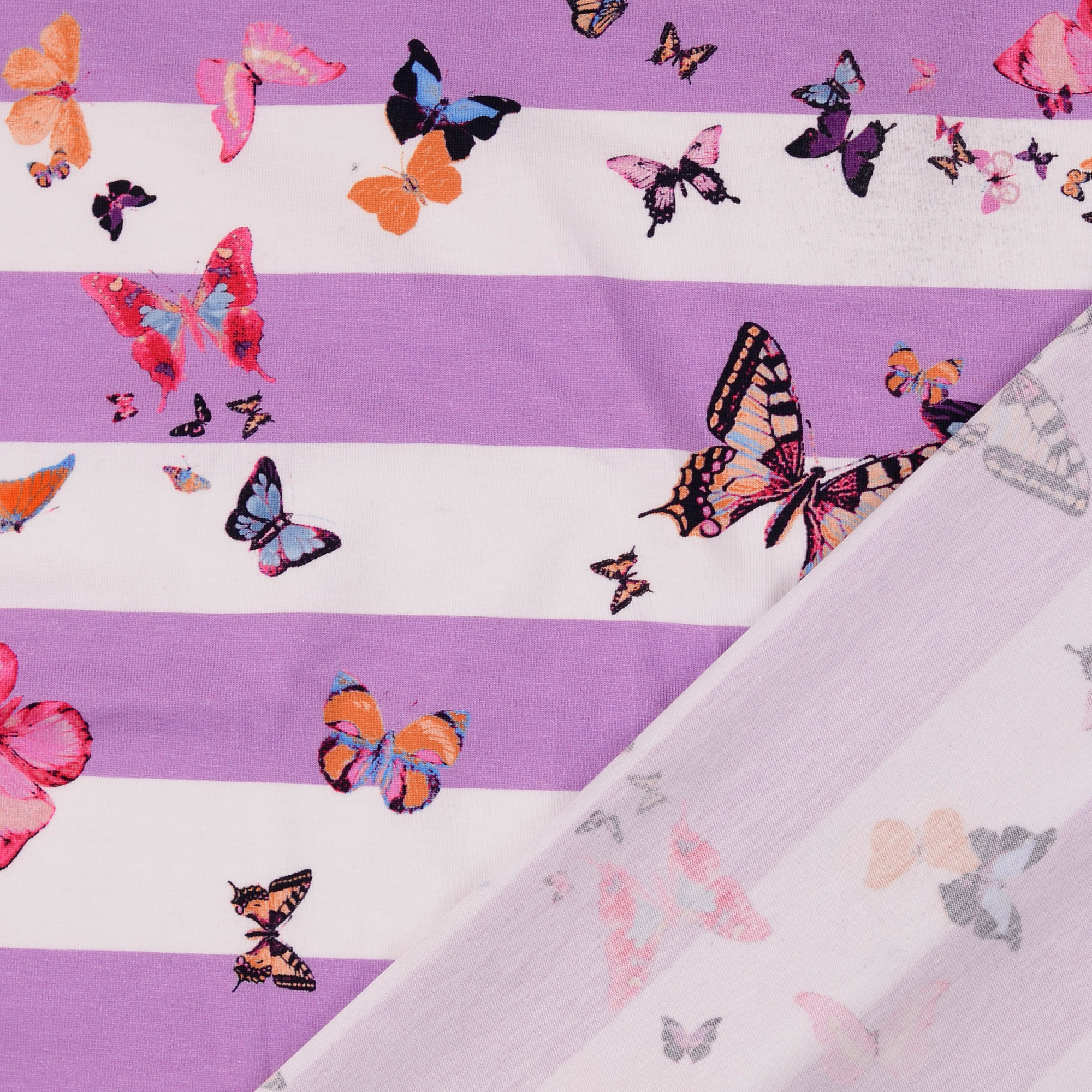 Jersey Schmetterlinge auf Streifen Flieder/Weiß Digital