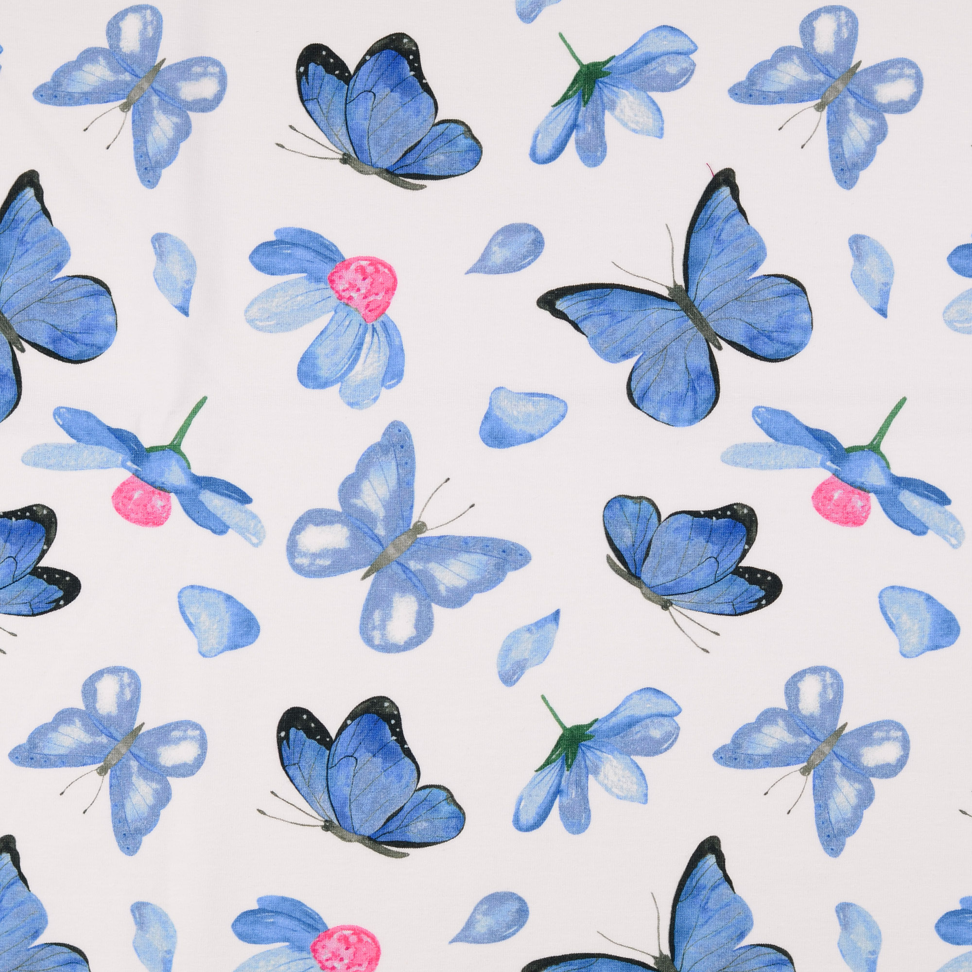 Jersey Blüten & Schmetterlinge Blau auf Weiß Digital
