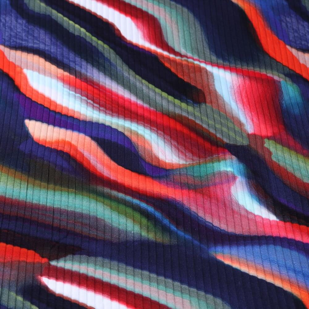 Baumwolle Rippjersey Digitaldruck - Wellen Blau Mehrfarbig