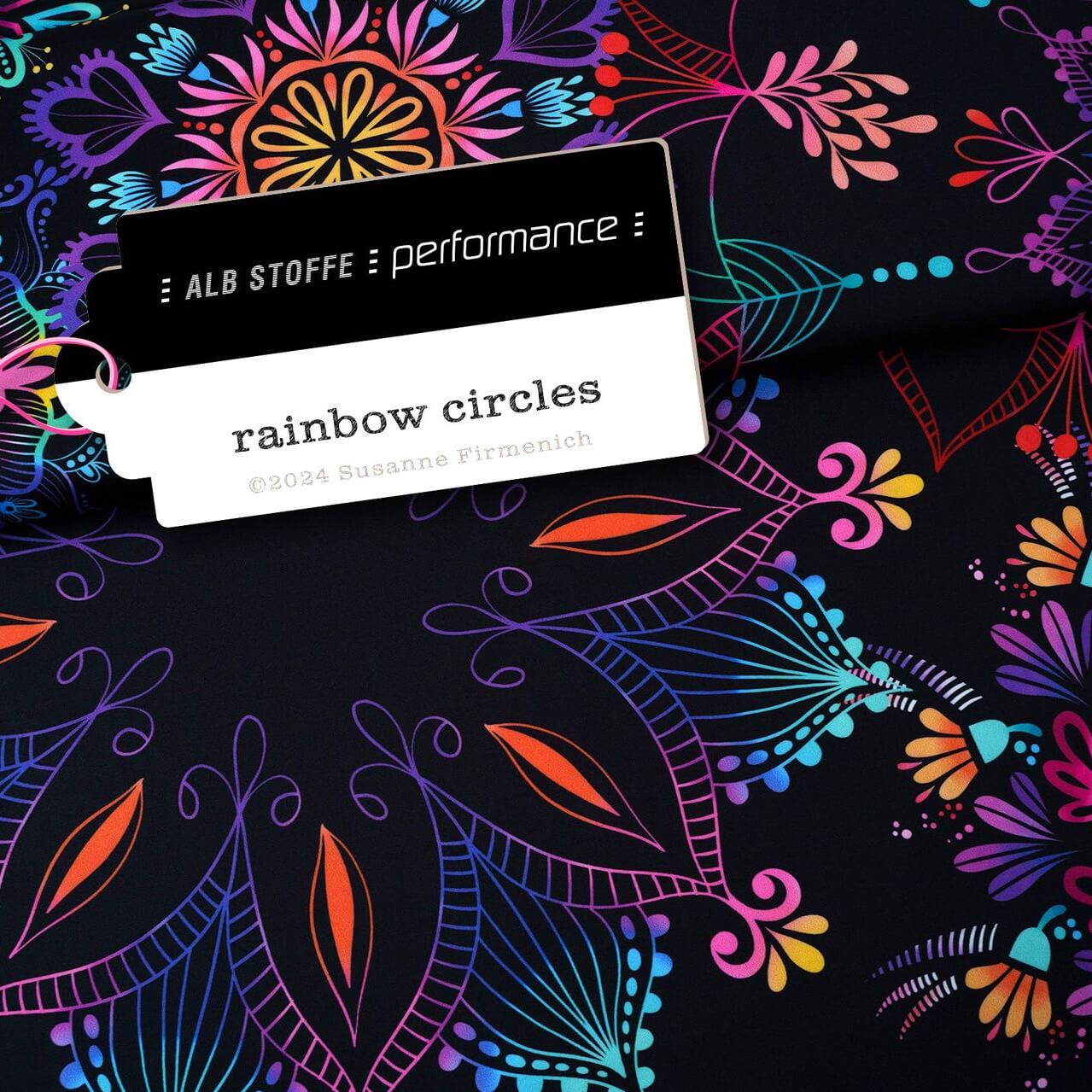 Albstoffe Performance Kollektion Rainbow Circles auf Schwarz