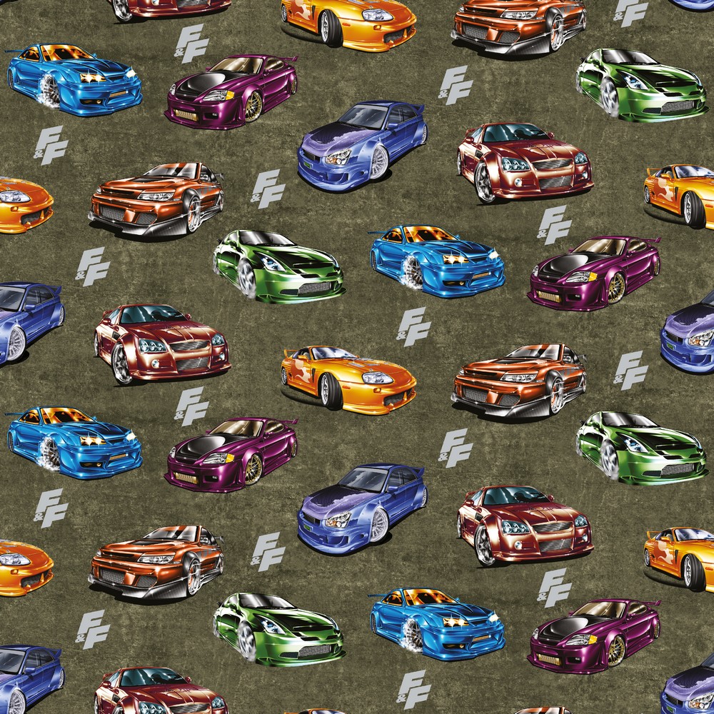 Jersey Fast & Furious Logo und Bunte Autos auf Khaki Lizenz Digital 