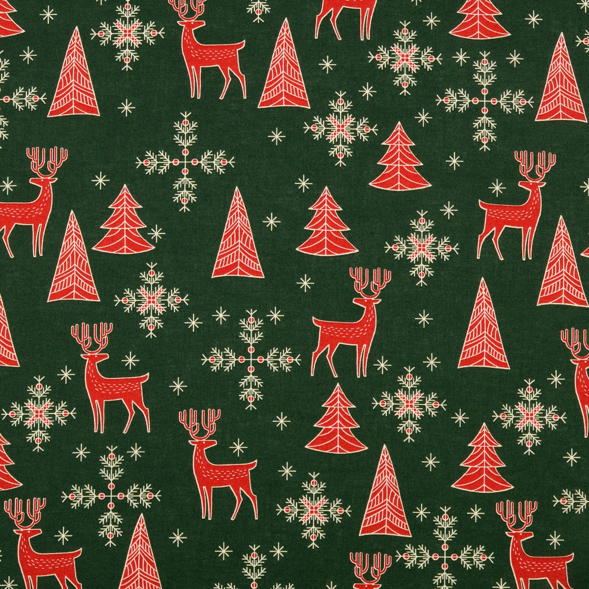 Baumwolle Christmas Rote Hirschen & Schneeflocken auf Dunkelgrün