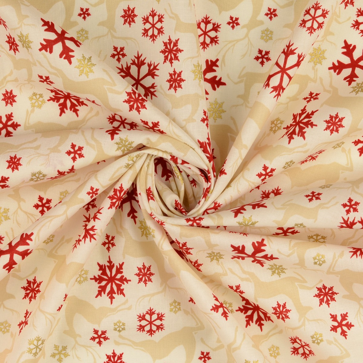Baumwolle Golddruck Christmas Springende Hirschen & Schneeflocken auf Creme