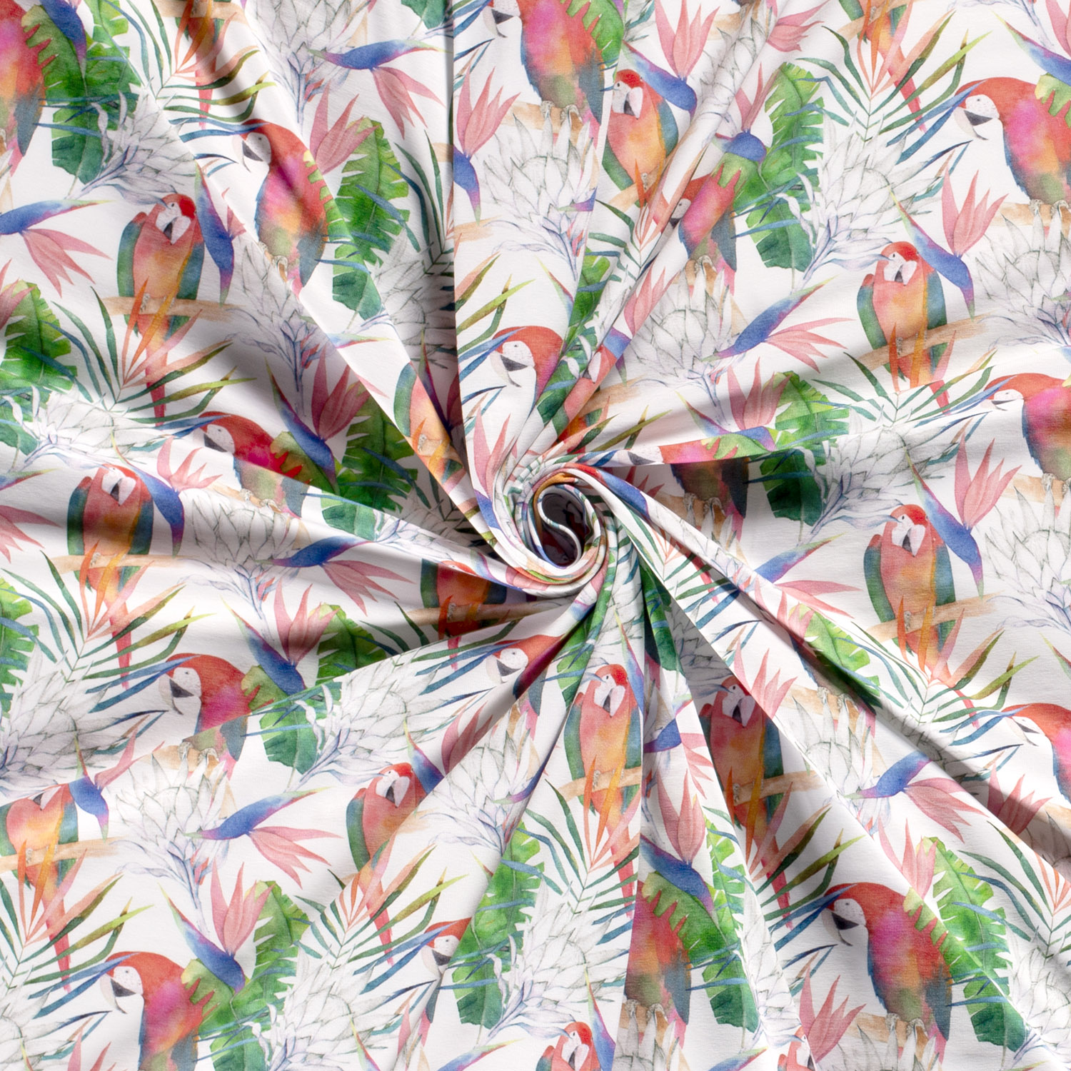 Jersey Papageien und Palmenblätter auf Weiß Digital