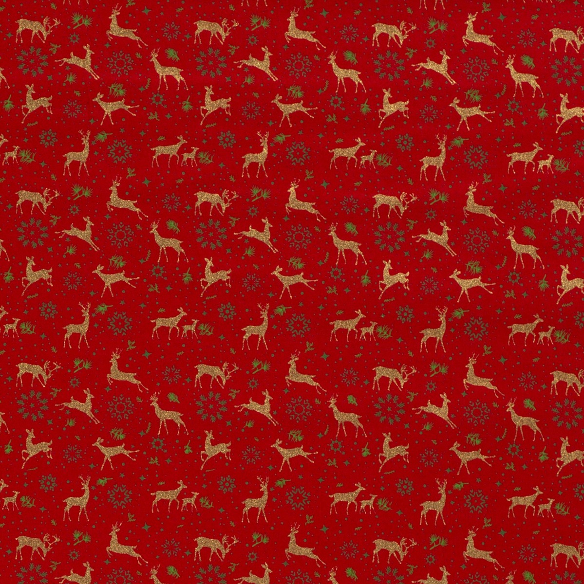 Baumwolle WEIHNACHTEN Golddruck Deer & Snowflakes auf Rot