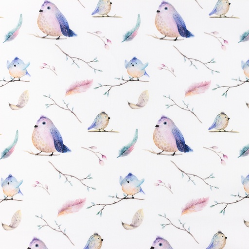 Baumwolle Federn & Vögelchen auf Weiß Digital