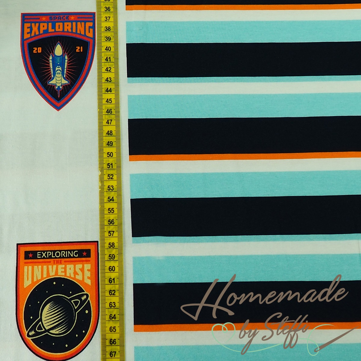 Jersey Panel Streifen & Raumfahrt Dunkelblau/Hellblau/Orange 82 cm SALE