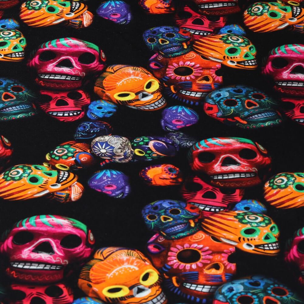 Jersey - Digitaldruck Mexican Totenköpfe auf Schwarz 