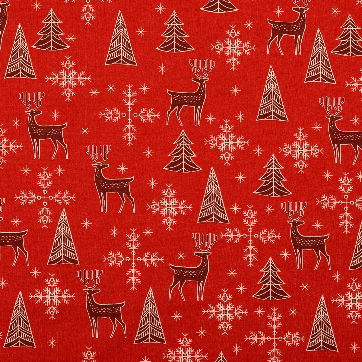Baumwolle Christmas Rote Hirschen & Schneeflocken auf Rot