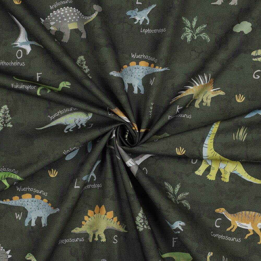 Baumwoll-Popeline - Digitaldruck Dinosaurier auf Khakigrün