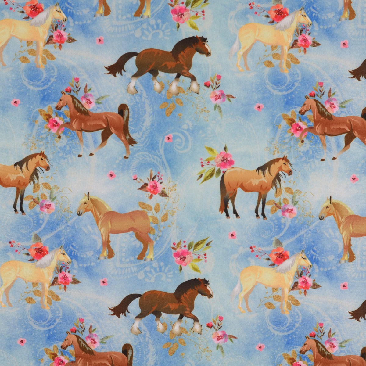 Softshell Pferde & Blumen auf Hellblau Digital7023635080941