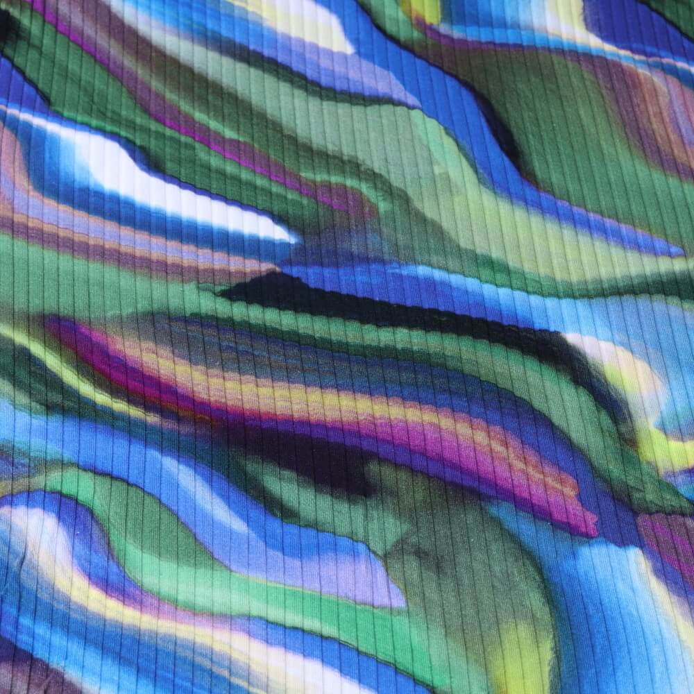 Baumwolle Rippjersey Digitaldruck - Wellen Grün Mehrfarbig