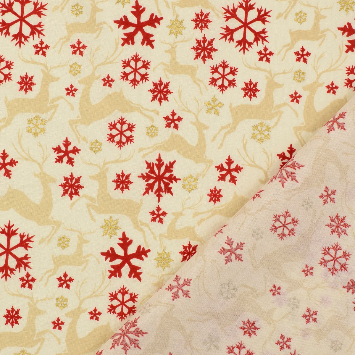Baumwolle Golddruck Christmas Springende Hirschen & Schneeflocken auf Creme