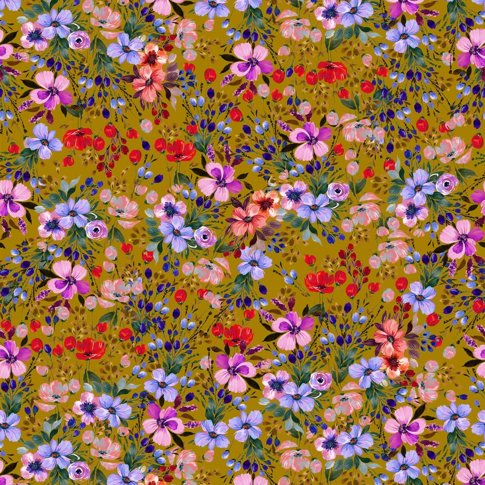 Viskose Jersey Coloured Flowers auf Senfgelb Digital