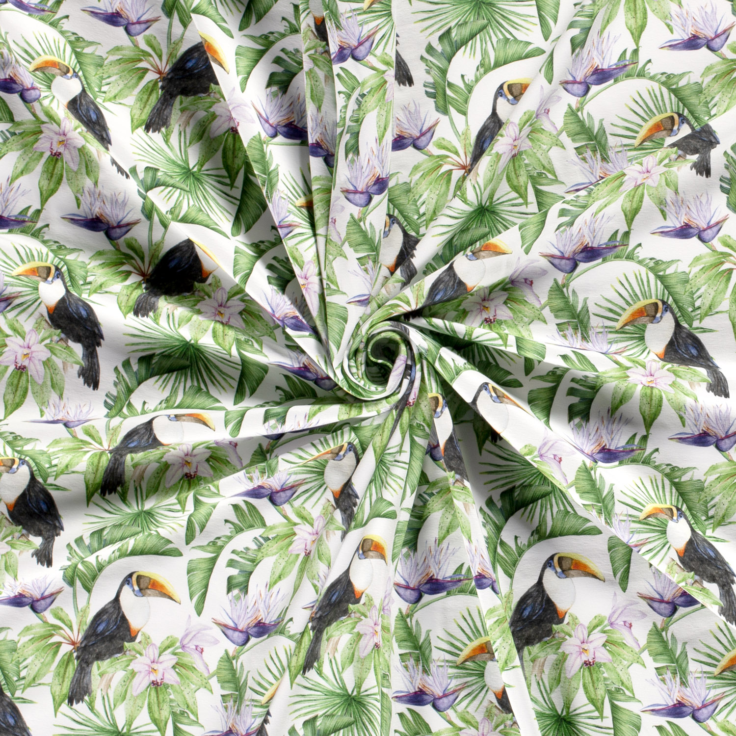 Jersey Tukane und Palmenblätter auf Weiß Digital