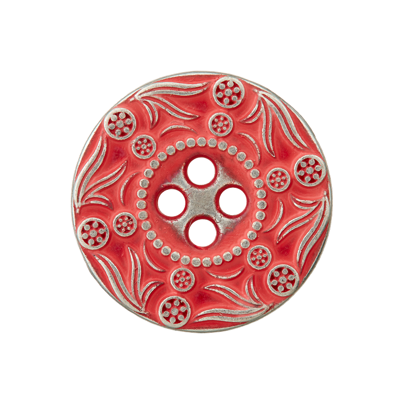 Union Knopf by Prym Metallknopf 4-Loch 20 mm Blätter & Punkte Rot/Silber