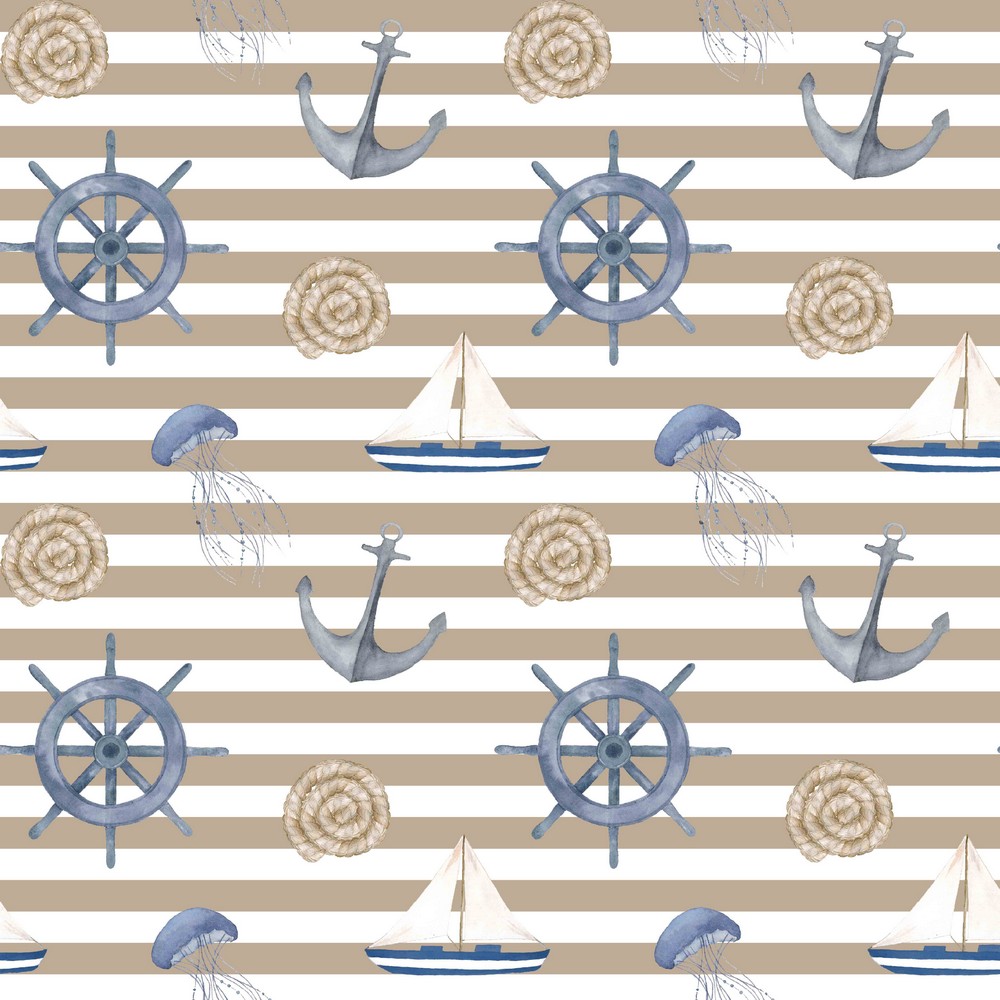 Canvas Maritime Symbole auf Streifen Beige/Cremeweiß Digital