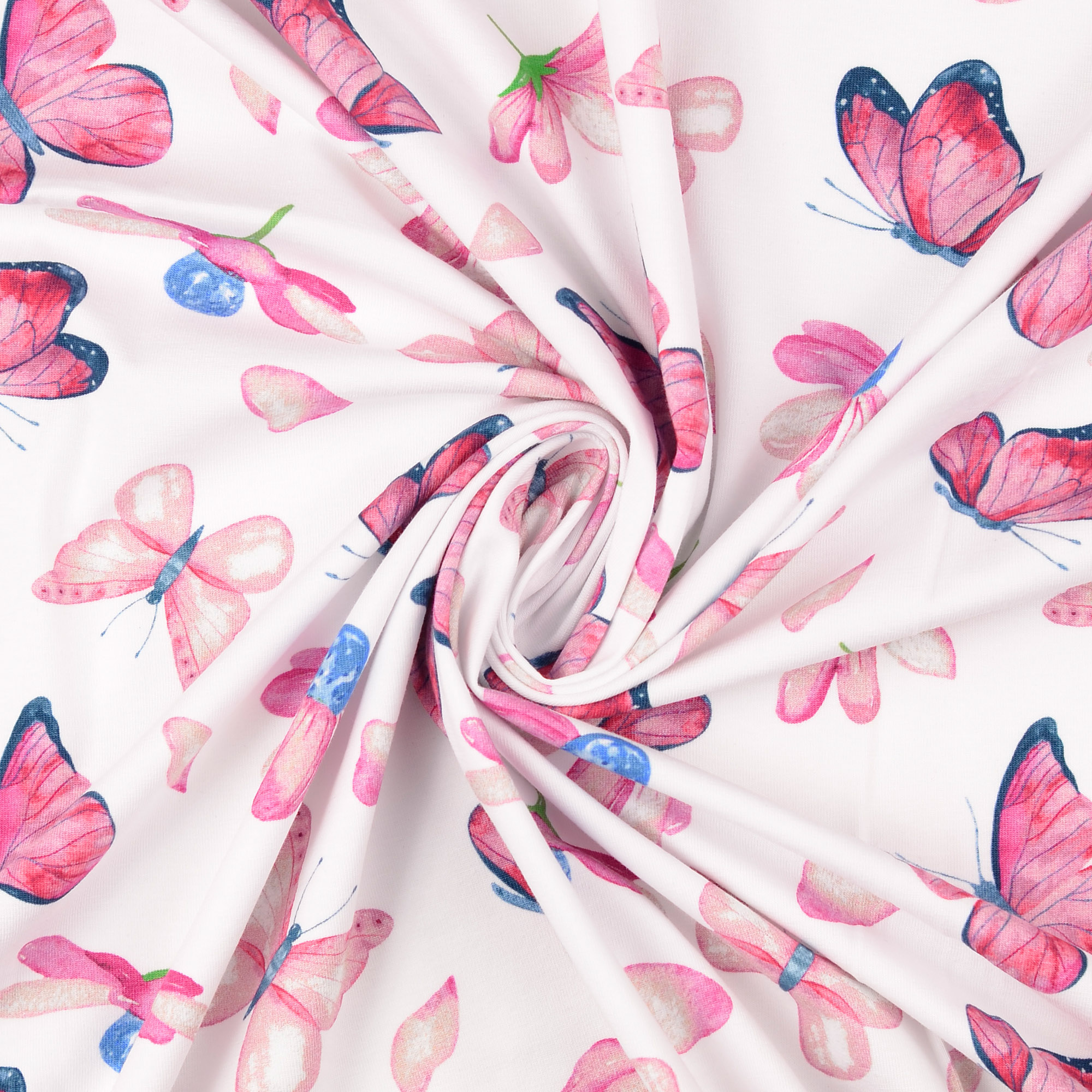 Jersey Blüten & Schmetterlinge Pink auf Weiß Digital