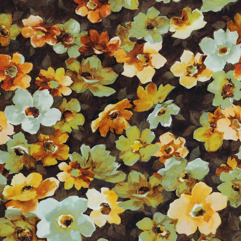 Bekleidungsstoff Viskose Bunte Aquarell Blumen auf Dunkelbraun Digital