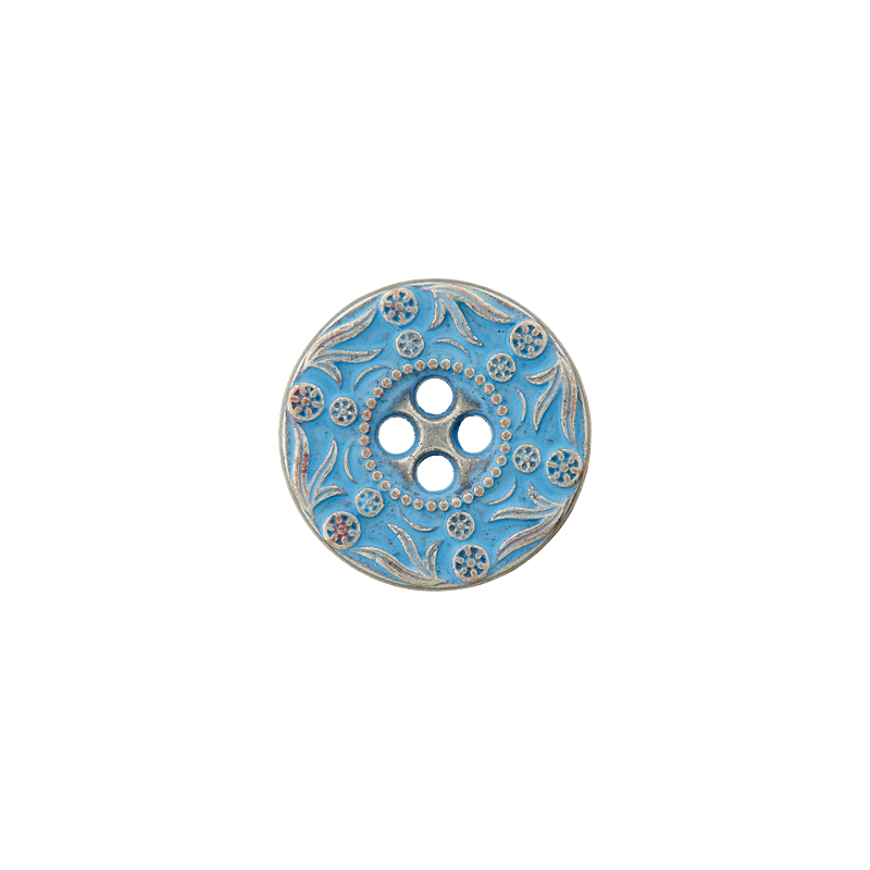 Union Knopf by Prym Metallknopf 4-Loch 15 mm Blätter & Punkte Hellblau/Silber