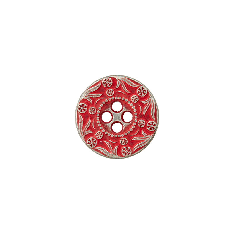 Union Knopf by Prym Metallknopf 4-Loch 15 mm Blätter & Punkte Rot/Silber