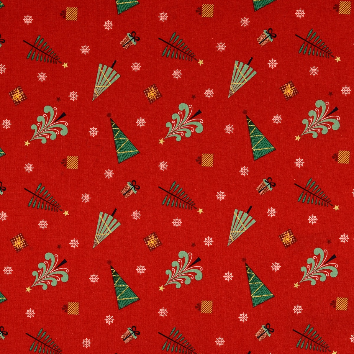 Baumwolle Golddruck Christmas Weihnachtsbäume & Geschenke auf Rot