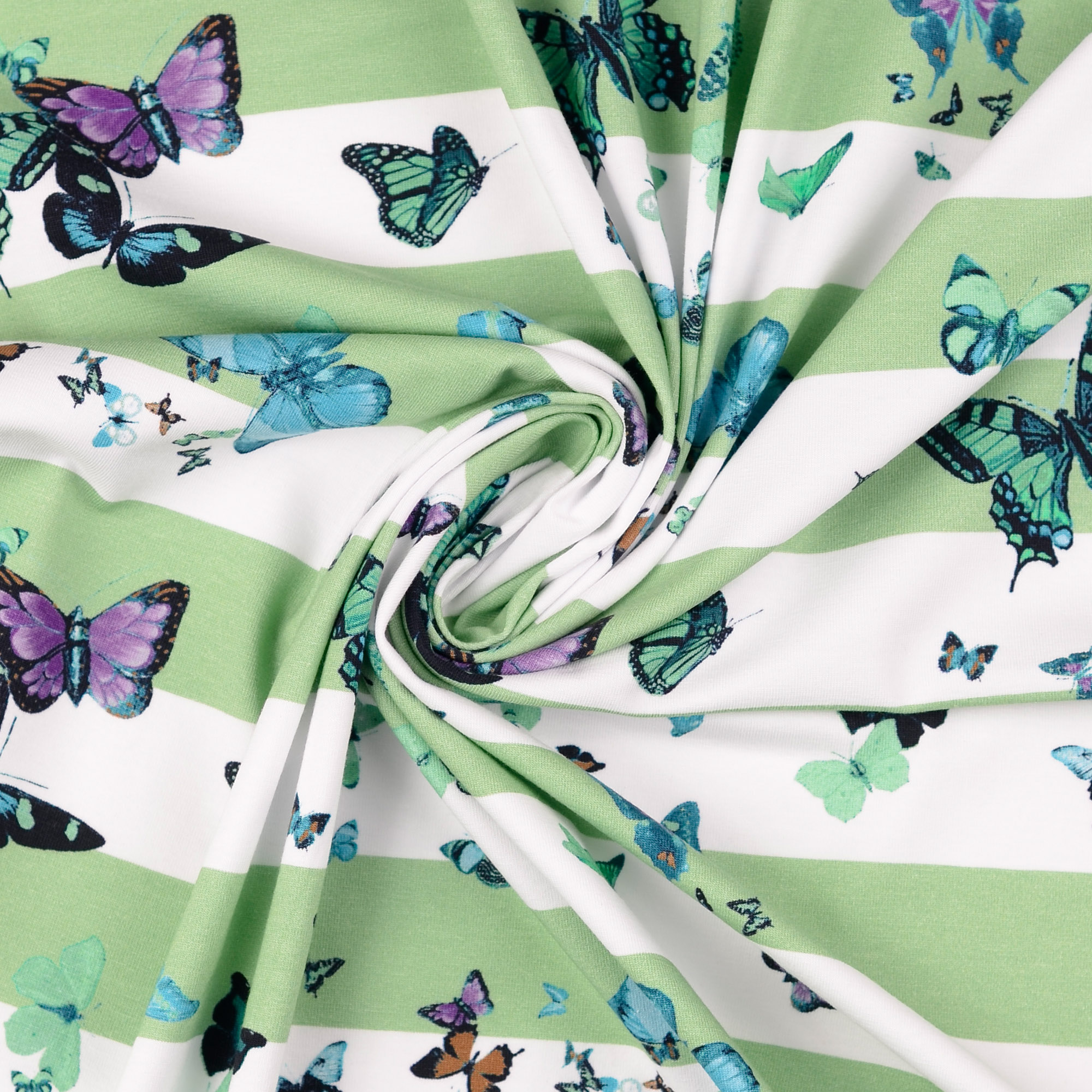 Jersey Schmetterlinge auf Streifen Lindgrün/Weiß Digital