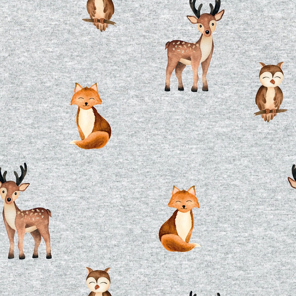 Wintersweat Süße Waldtiere auf Hellgrau Meliert Digital