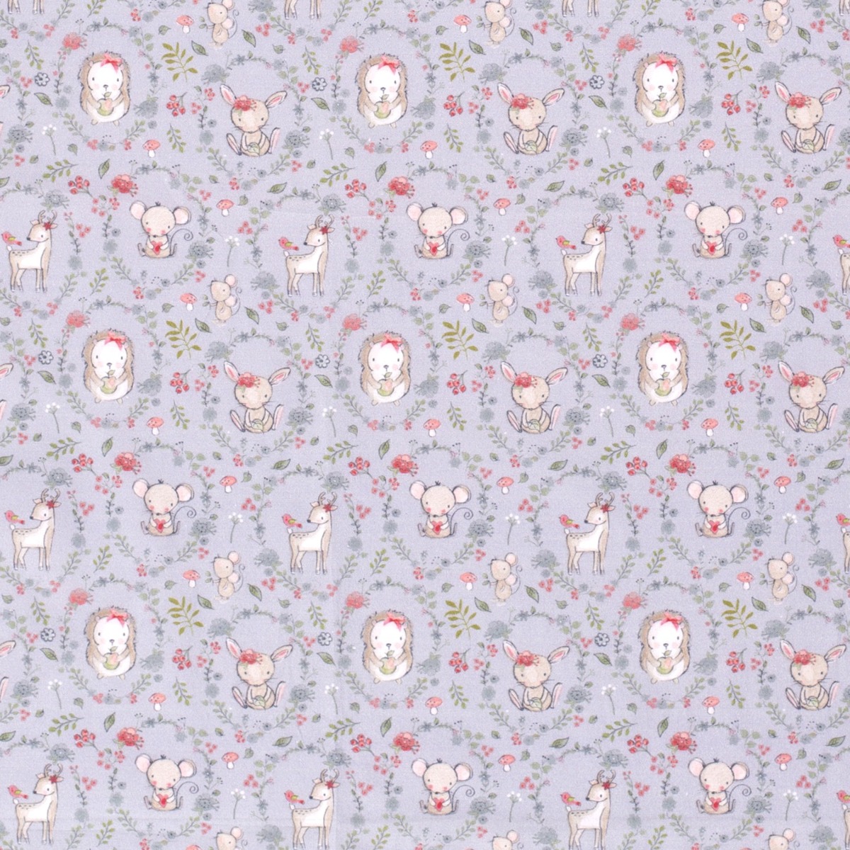 Baumwolle Kleine Waldtiere im Blumenkreis auf Grau