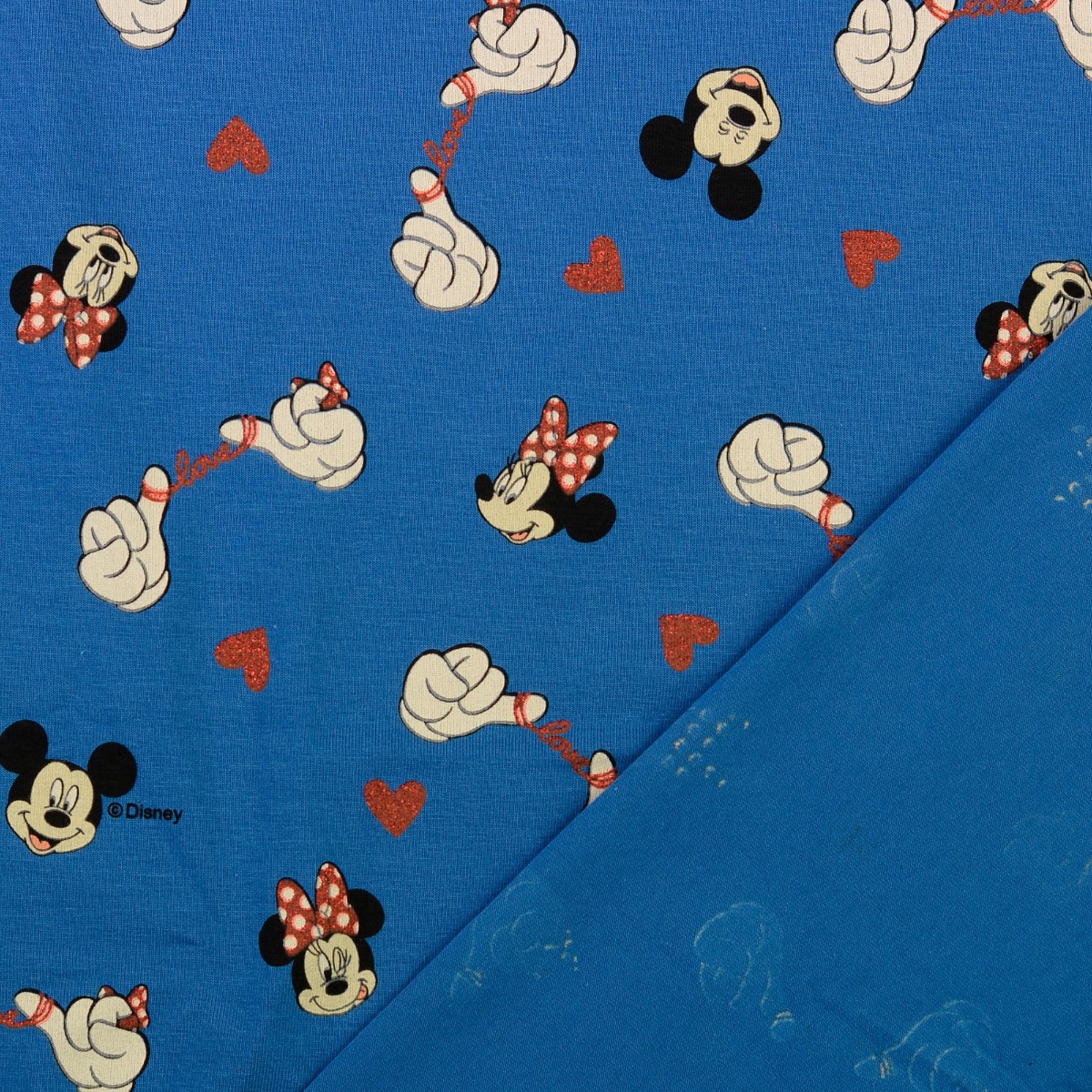 Jersey GLITZER Mickey & Minnie Mouse LOVE auf Blau Lizenz Digital