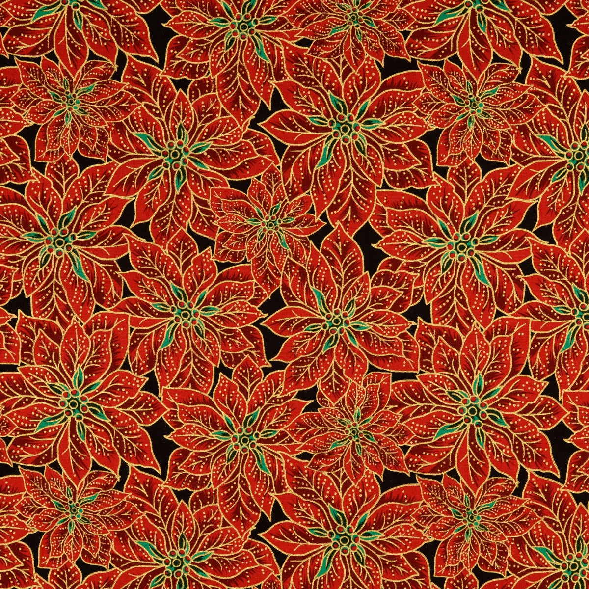 Baumwolle Golddruck Christmas Rote Blüten auf Schwarz