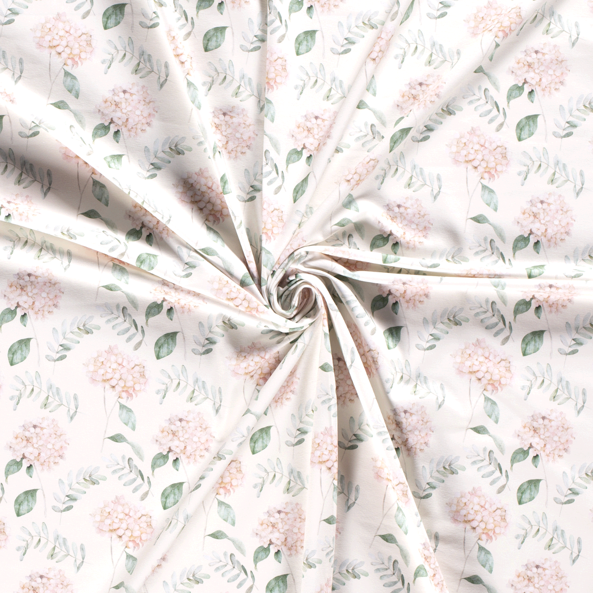 Jersey Hortensienblüten und Blätterzweige auf Creme Digital 